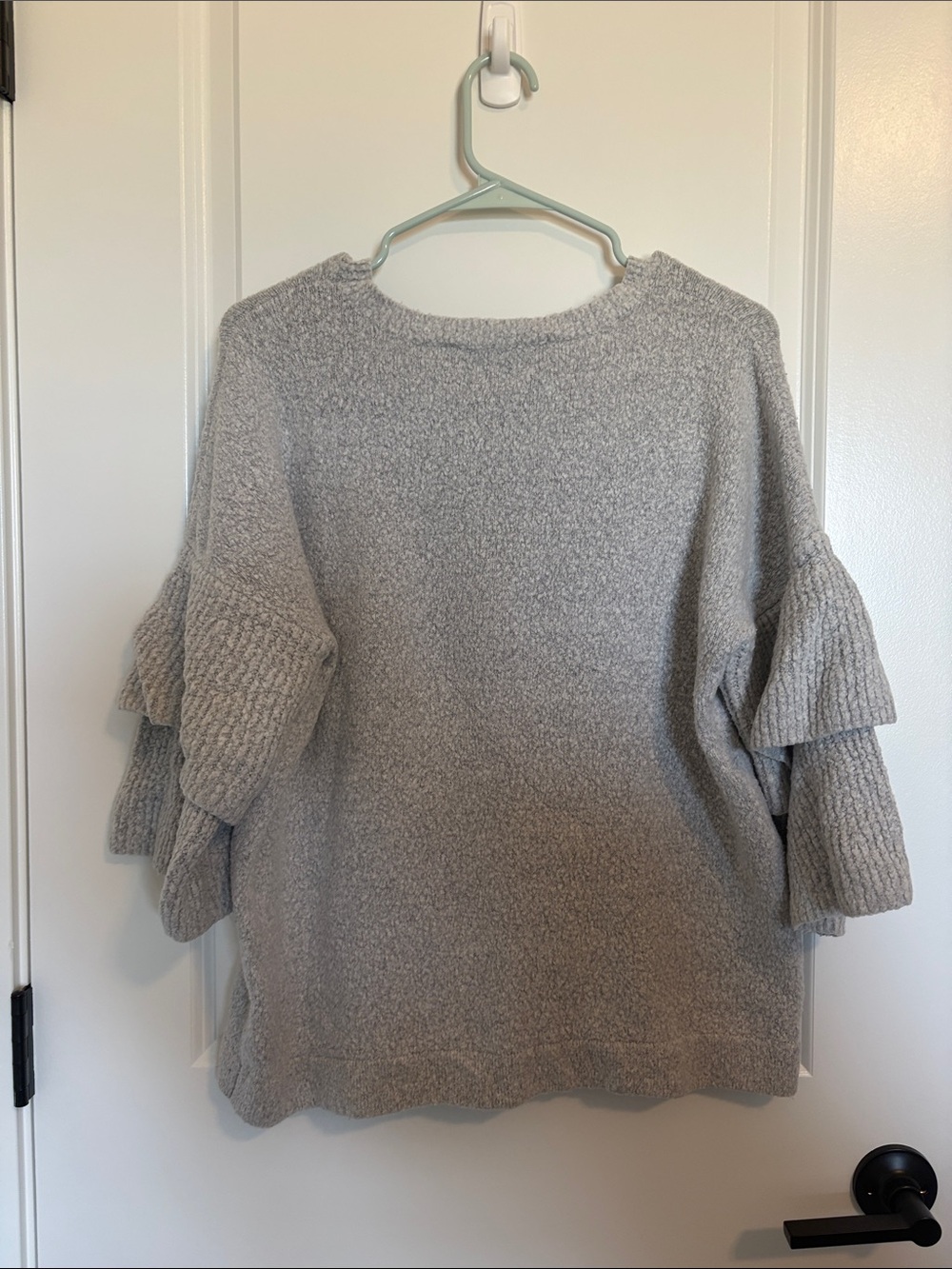 French Connection Light Gray Ruffle Sleeve Crewneck Sweater - Picture 3 of 3